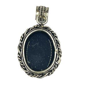Artisan Sterling Silver Twist Rope Edge Navy Blue Sparkling Cabochon Stone 925